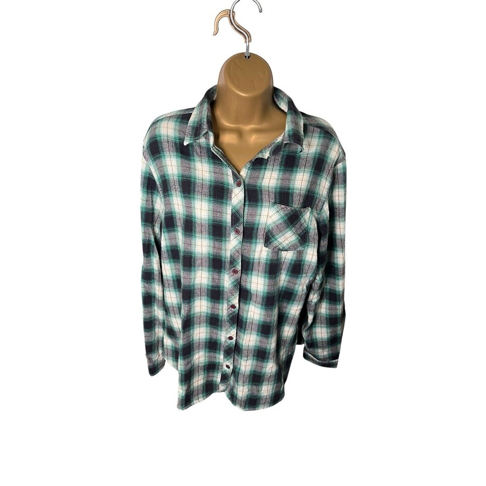 Y2K Old Mill Plaid Flannel Button Up Shirt Lightweight Green XL